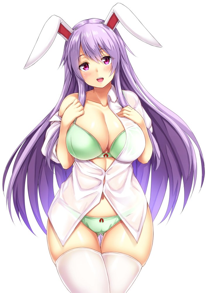 animal_ears ass_visible_through_thighs bow bow_bra bow_panties bra breasts bunny_ears buttons cleavage dress_shirt ebi_193 green_bra green_panties large_breasts long_hair looking_at_viewer off_shoulder panties pink_eyes purple_hair red_bow reisen_udongein_inaba shirt short_sleeves simple_background skindentation smile solo thighhighs touhou underwear white_background white_legwear white_shirt wing_collar