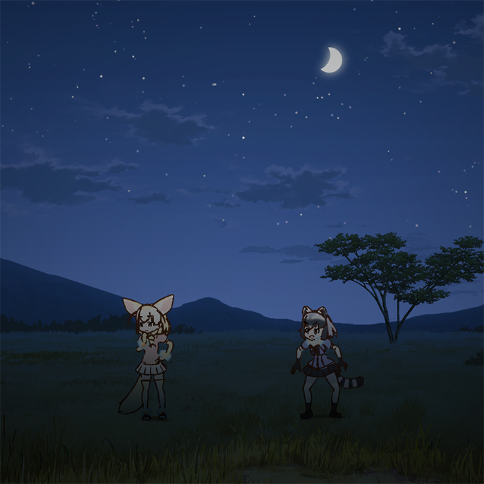 3d :o animal_ears black_bow black_gloves black_hair black_neckwear black_skirt blonde_hair bow bowtie cloud commentary_request common_raccoon_(kemono_friends) crescent_moon eyebrows_visible_through_hair fennec_(kemono_friends) fox_ears fox_tail gloves grass grey_hair hand_on_hip hand_on_own_chin kemono_friends miniskirt moon mountain multicolored_hair multiple_girls night night_sky official_art pantyhose pink_sweater pleated_skirt raccoon_ears raccoon_tail short_hair skirt sky standing star_(sky) sweater tail tatsuki_(irodori) thighhighs tree v-shaped_eyebrows white_legwear white_skin zettai_ryouiki