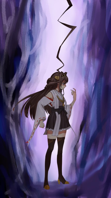 ahoge bare_shoulders black_hakama black_skirt blue_background brown_hair brown_legwear clenched_hand closed_mouth commentary detached_sleeves double_bun from_side full_body gon-san hakama hakama_skirt headgear huge_ahoge hunter_x_hunter japanese_clothes kantai_collection kongou_(kantai_collection) long_hair looking_to_the_side mushi_gyouza nontraditional_miko parody purple_eyes ribbon-trimmed_sleeves ribbon_trim sash shaded_face skirt solo standing thighhighs