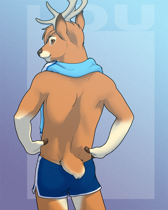 2013 anthro antlers biped blue_bottomwear blue_clothing blue_underwear boxers_(clothing) brown_fur brown_nose brown_tail cervine character_name clothed clothing deer digital_media_(artwork) eclipsewolf fur gradient_background grey_horn hands_on_hips horn looking_at_viewer looking_back lou_(stripes) male mammal multicolored_fur multicolored_tail orange_eyes portrait rear_view short_tail simple_background small_tail smile snout solo standing three-quarter_portrait topless towel towel_around_neck two_tone_fur two_tone_tail underwear white_fur white_tail