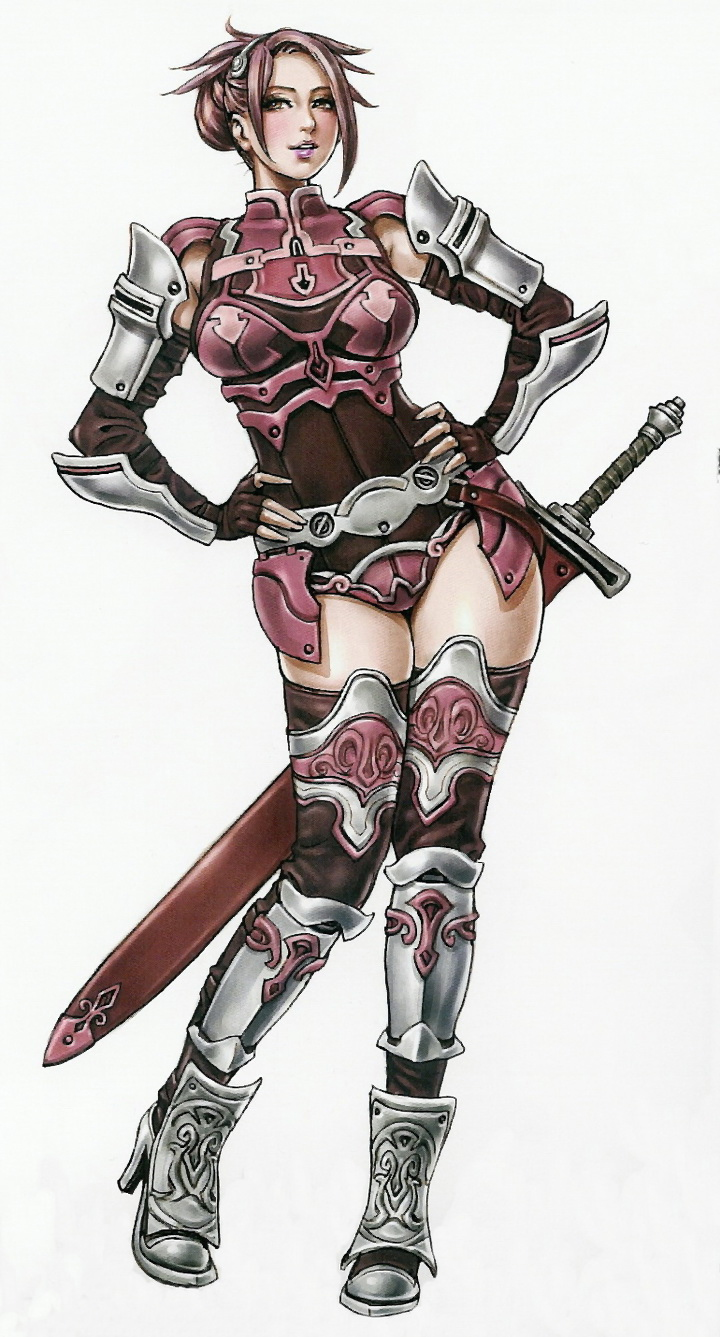 1girl arm_guards armor boots brown_eyes brown_hair contrapposto female full_body gauntlets hand_on_waist knee_pads looking_at_viewer lwyn official_art scabbard shoulder_pads smile solo standing sword thigh_boots thighhighs valkyrie_profile white_background yoshinari_kou yoshinari_you