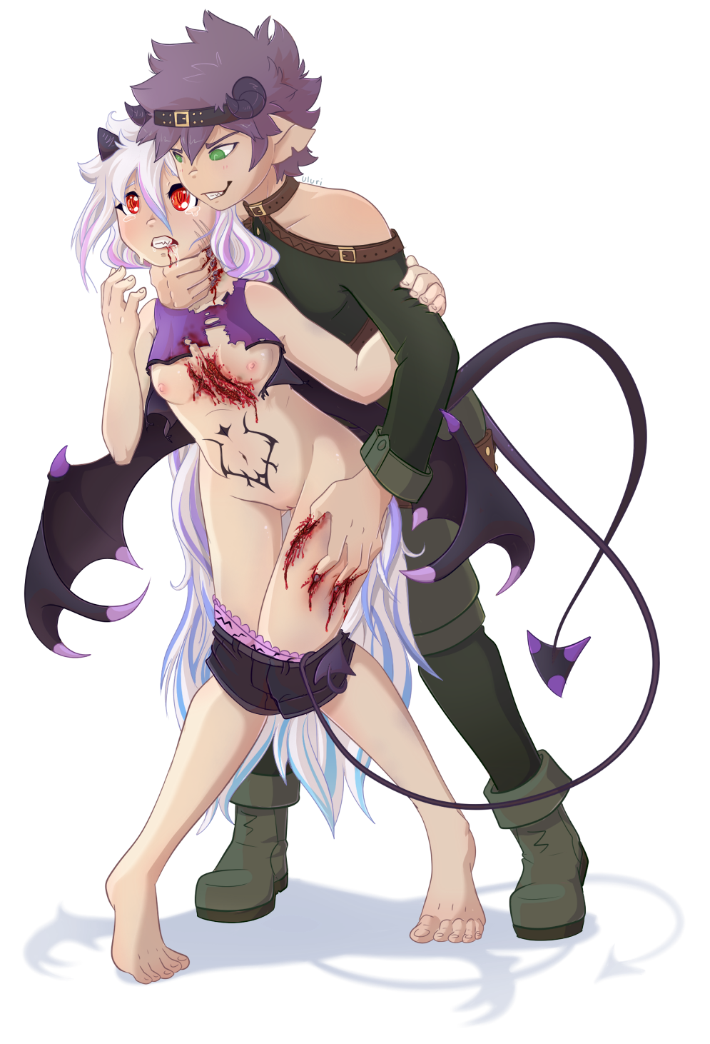 blood breasts clothing demon female gore green_eyes hair horn humanoid lillin male mammal purple_hair red_eyes sin strangling uluri white_hair wings wounded