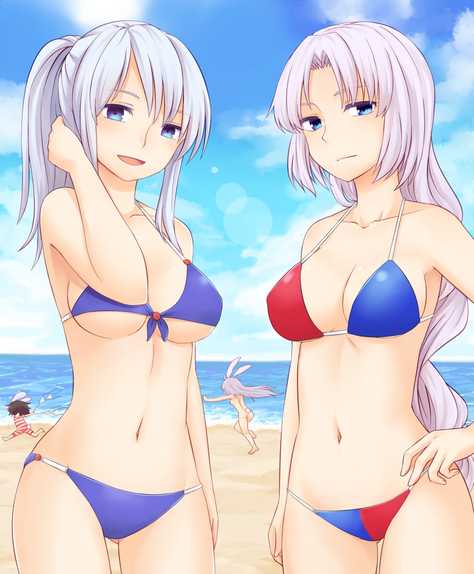 animal_ears ass ass_visible_through_thighs beach bikini blue_sky breasts brown_hair bunny_ears cleavage clothes_theft commentary_request day front-tie_top inaba_tewi kamishirasawa_keine large_breasts lavender_hair long_hair looking_at_viewer miyo_(ranthath) multiple_girls navel nude ocean outdoors reisen_udongein_inaba sand silver_hair sky smile swimsuit swimsuit_theft theft touhou water yagokoro_eirin