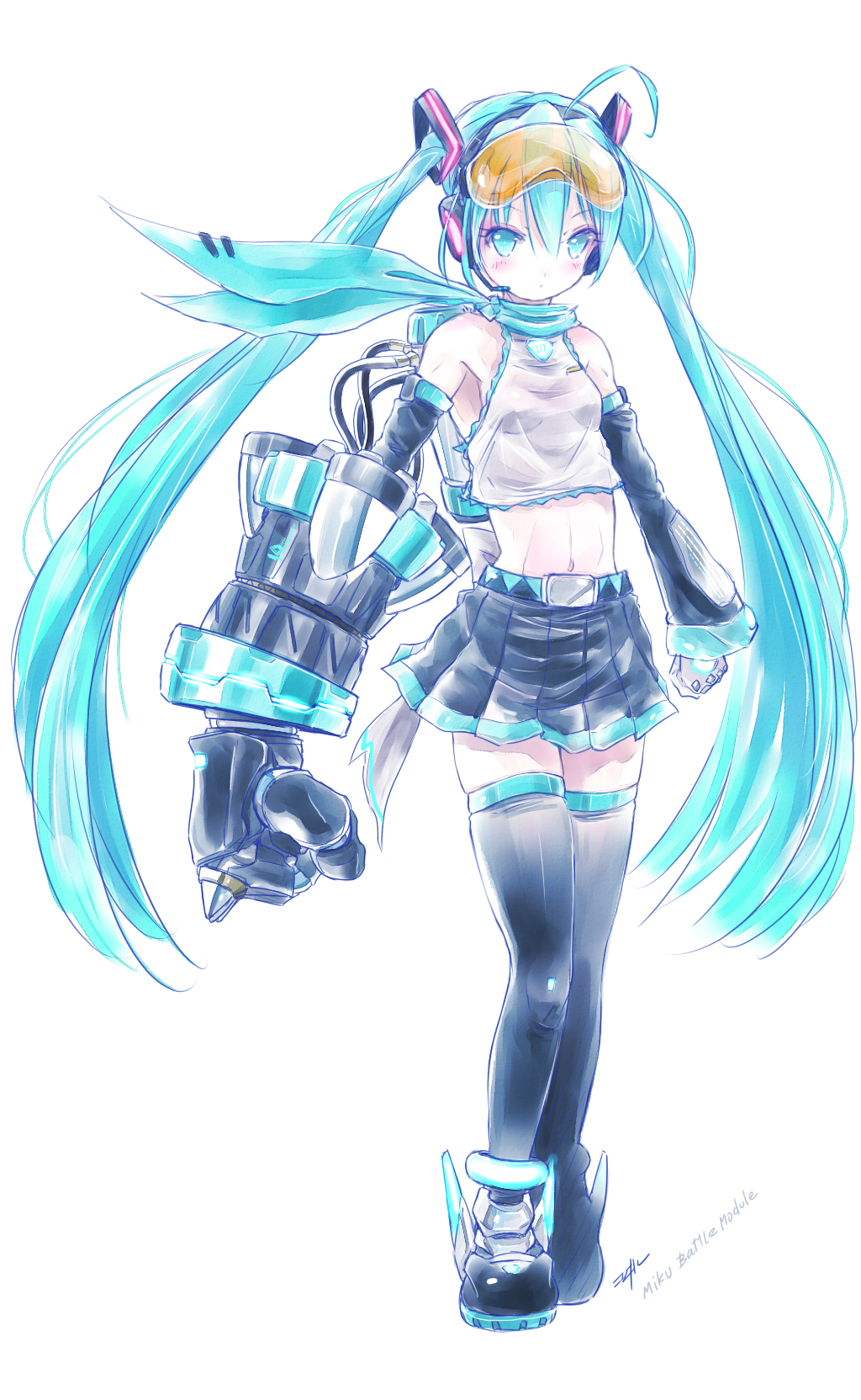 aqua_eyes aqua_hair detached_sleeves full_body gloves goggles goggles_on_head hatsune_miku headset highres kowiru long_hair looking_at_viewer midriff power_fist simple_background solo standing thighhighs twintails vocaloid