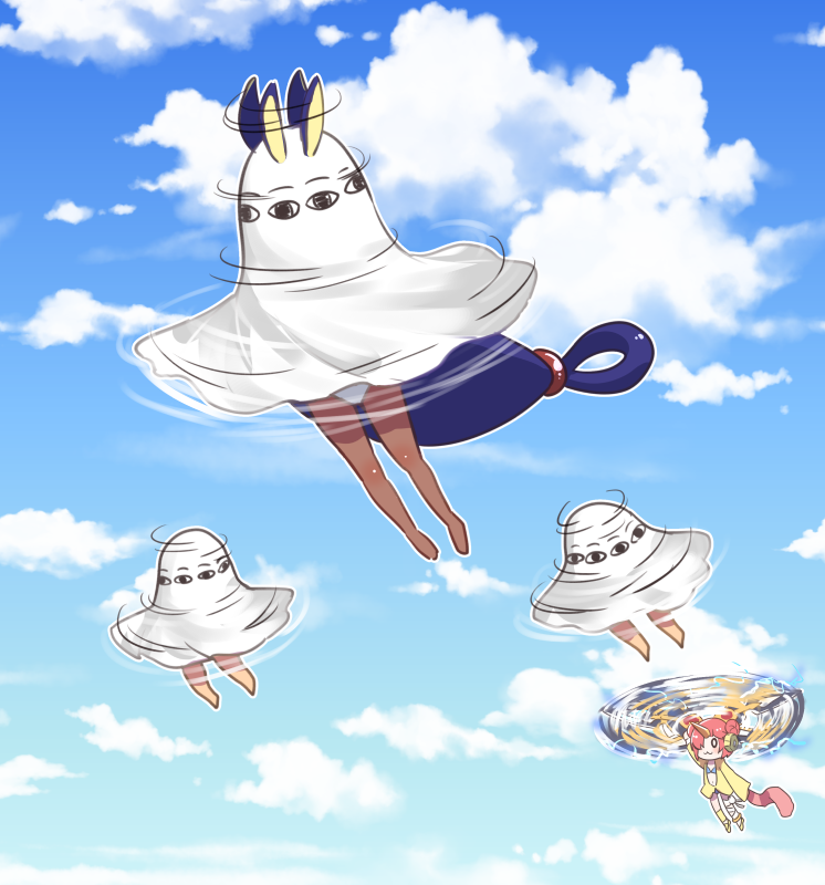 &lt;o&gt;_&lt;o&gt; :3 blue_sky cloud cloudy_sky cosplay day fate/apocrypha fate/grand_order fate_(series) flying frankenstein's_monster_(fate) frankenstein's_monster_(swimsuit_saber)_(fate) hair_over_one_eye horn long_hair low-tied_long_hair medjed medjed_(cosplay) multiple_girls nitocris_(fate/grand_order) nitocris_(swimsuit_assassin)_(fate) one_eye_covered outdoors pink_hair sky spinning tomoyohi
