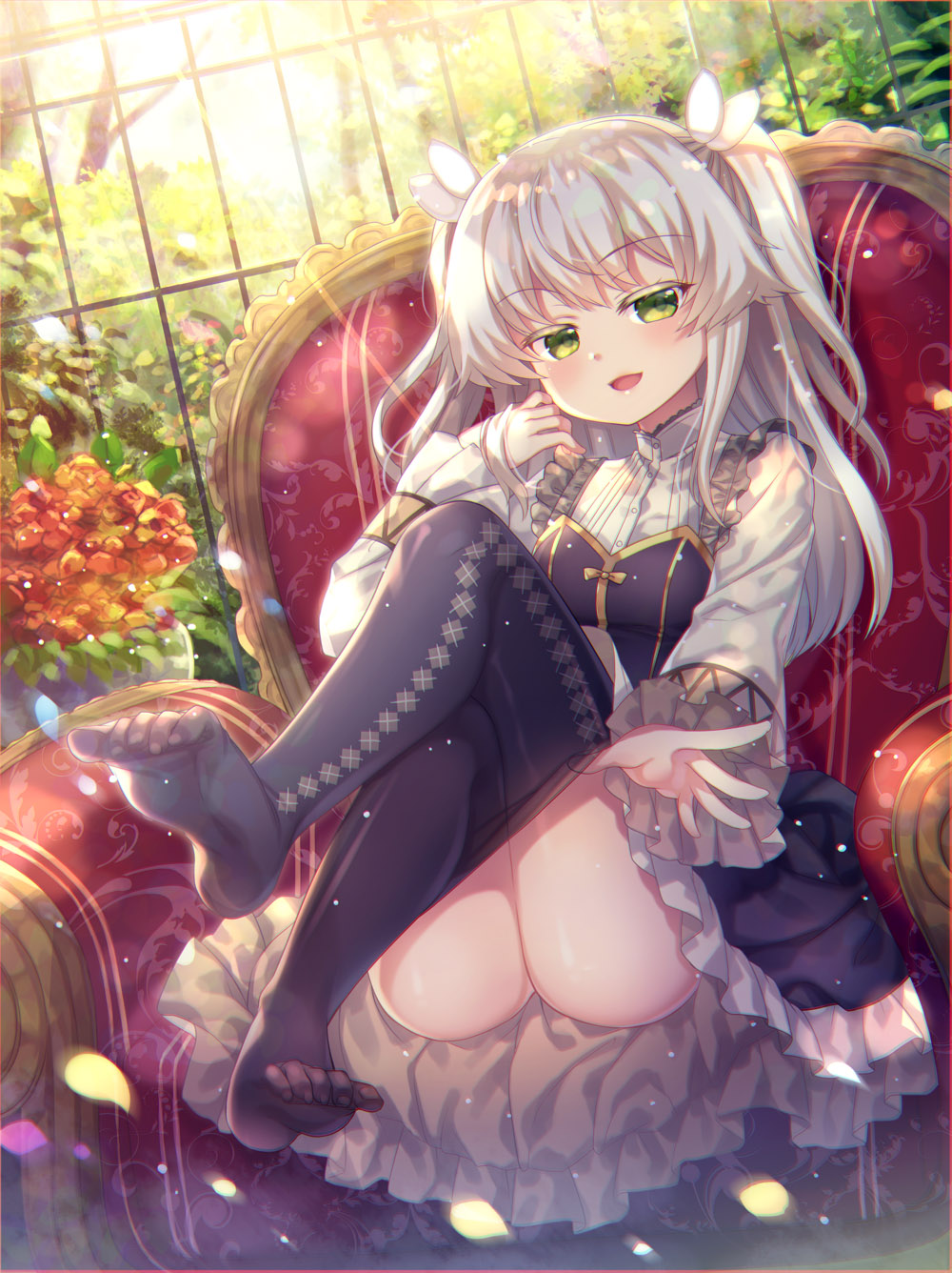 ass capura_lin dong-jin_rice-hime glass_wall green_eyes hair_ornament highres long_hair looking_at_viewer open_mouth pantyhose pantyhose_pull silver_hair sitting solo suiji
