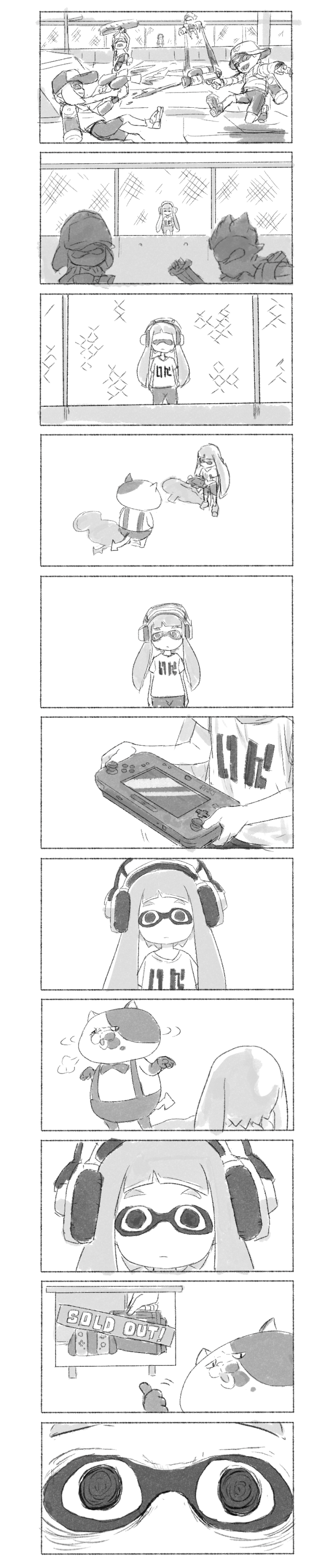 3girls :| =3 @_@ absurdres baseball_cap battle bionekojita bow bowtie cat chain-link_fence close-up closed_mouth comic commentary controller domino_mask expressionless eyes fence game_console game_controller greyscale hat headphones highres holding holding_weapon inkling jajji-kun_(splatoon) joy-con long_hair long_image long_sleeves mask monochrome motion_lines multiple_boys multiple_girls nintendo nintendo_switch nintendo_switch_dock pointing pointy_ears shaking_head shirt short_hair short_sleeves shorts sigh silent_comic splat_dualies_(splatoon) splat_roller_(splatoon) splatoon_(series) splatoon_2 standing suspenders t-shirt tall_image tentacle_hair weapon wii_u wii_u_gamepad zooming_in