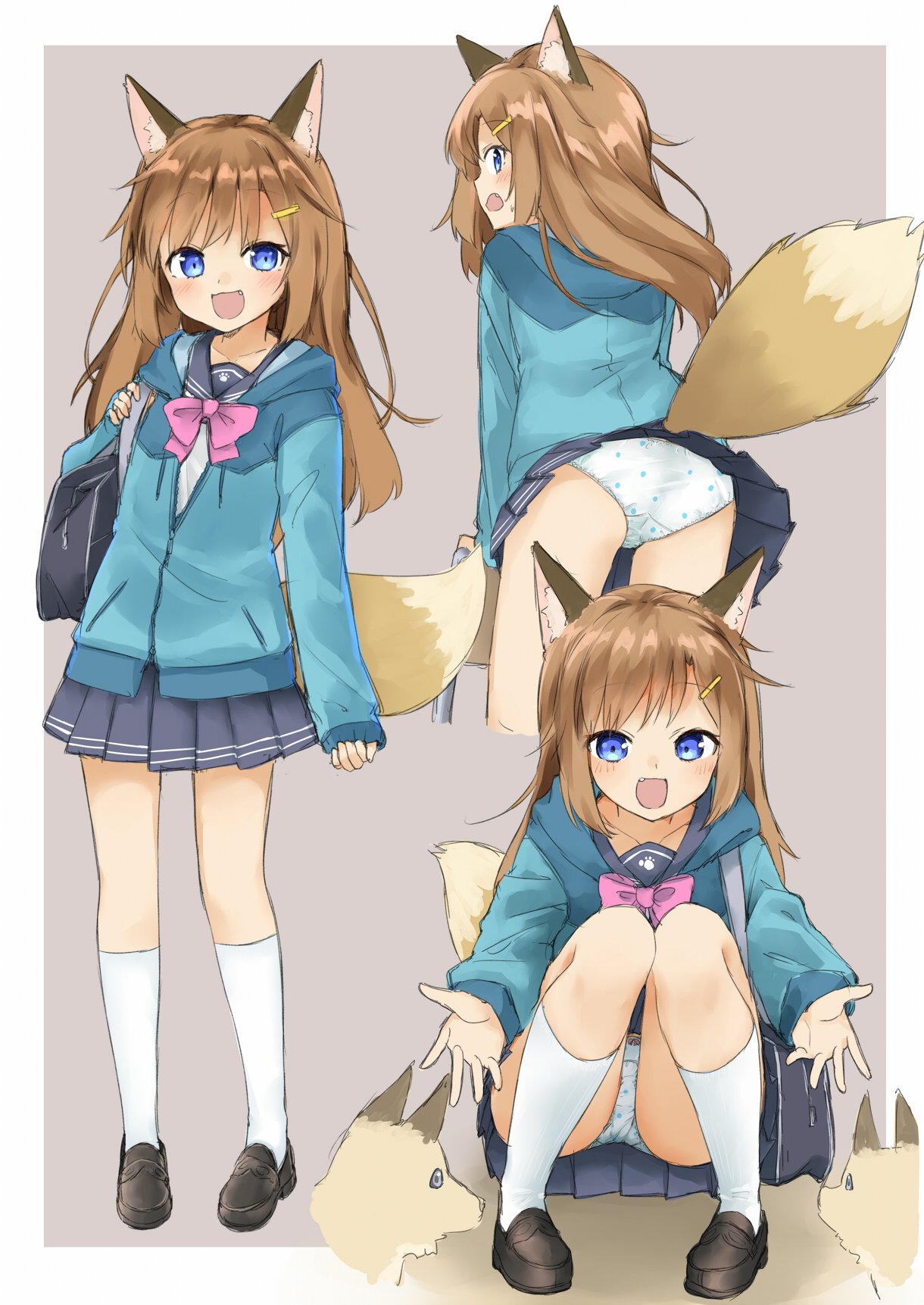 1girl :d animal animal_ear_fluff animal_ears ass bag bangs black_sailor_collar blue_jacket blue_skirt blush bow bow_panties bra brown_background brown_footwear brown_hair chair collarbone commentary_request eyebrows_visible_through_hair fang fox fox_ears fox_girl fox_tail hair_ornament hairclip highres hood hood_down hooded_jacket jacket kneehighs leaning_forward loafers long_hair long_sleeves looking_at_viewer multiple_views open_mouth original panties pigeon-toed pleated_skirt polka_dot polka_dot_bra purple_eyes sailor_collar school_bag school_chair school_uniform sekira_ame serafuku shirt shoes skirt smile squatting standing tail tail_raised two-tone_background underwear very_long_hair white_background white_legwear white_panties white_shirt