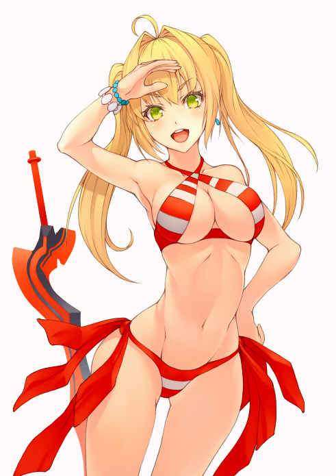 aestus_estus ahoge arm_up bangs banned_artist bikini breasts cleavage commentary_request cowboy_shot criss-cross_halter eyebrows_visible_through_hair fate/grand_order fate_(series) hair_intakes halter_top halterneck hand_on_hip hips kyoeiki large_breasts long_hair looking_at_viewer navel nero_claudius_(fate)_(all) nero_claudius_(swimsuit_caster)_(fate) open_mouth planted_sword planted_weapon red_bikini round_teeth sidelocks simple_background smile solo striped striped_bikini swimsuit sword teeth thighs twintails weapon white_background white_bikini