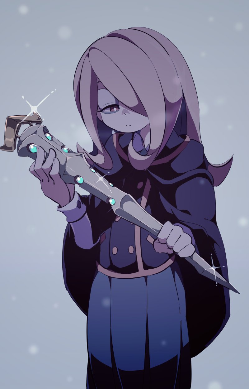 dress hair_over_one_eye hat highres ica_tm little_witch_academia long_hair luna_nova_school_uniform pale_skin pink_hair red_eyes shiny_rod simple_background solo sucy_manbavaran witch