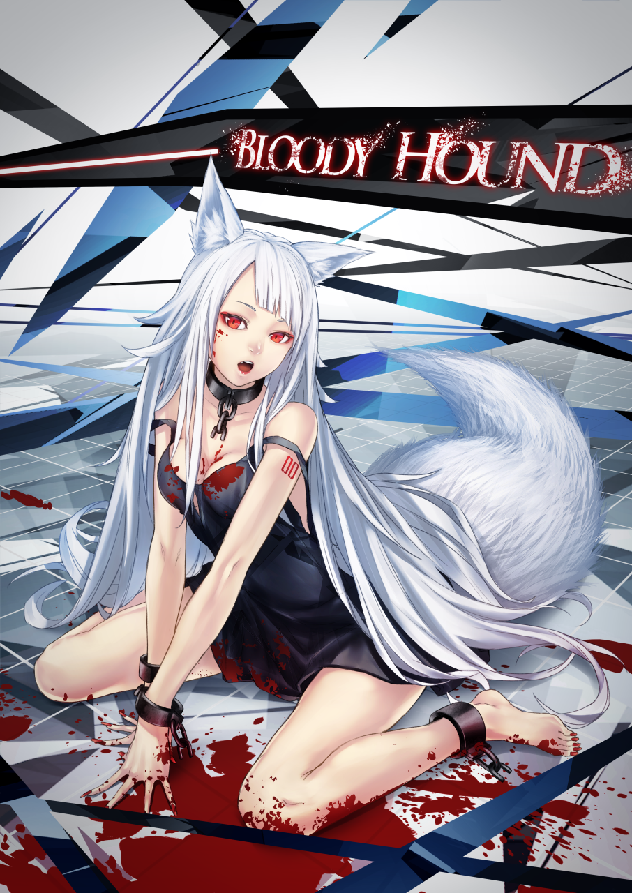 animal_ears bangs bare_shoulders black_dress blood blood_splatter breasts broken broken_chain chain cleavage commentary_request dress fang fox_tail full_body highres long_hair looking_at_viewer medium_breasts nightgown off_shoulder open_mouth original red_eyes sitting solo sugi_214 tail tattoo very_long_hair wariza white_hair wrist_cuffs