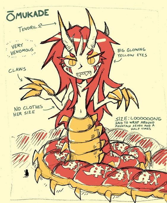 1girl bug centipede centipede_girl claws commentary english english_commentary fewer_digits grey_background hair_censor hair_over_breasts horns insect_girl long_hair looking_at_viewer monster_girl navel nude original red_hair setz sharp_teeth slit_pupils smile solo teeth yellow_eyes