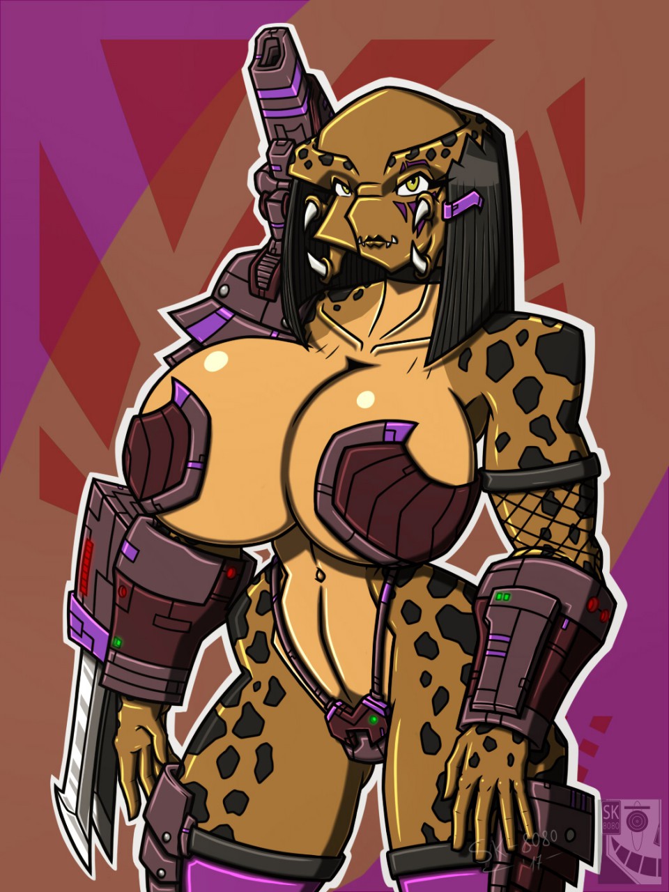 2017 alien arm_cannon armor big_breasts black_hair breasts cleavage clothed clothing collar female hair looking_at_viewer muscular navel predator predator_(franchise) ranged_weapon sk-8080 skimpy solo unconvincing_armor weapon yautja