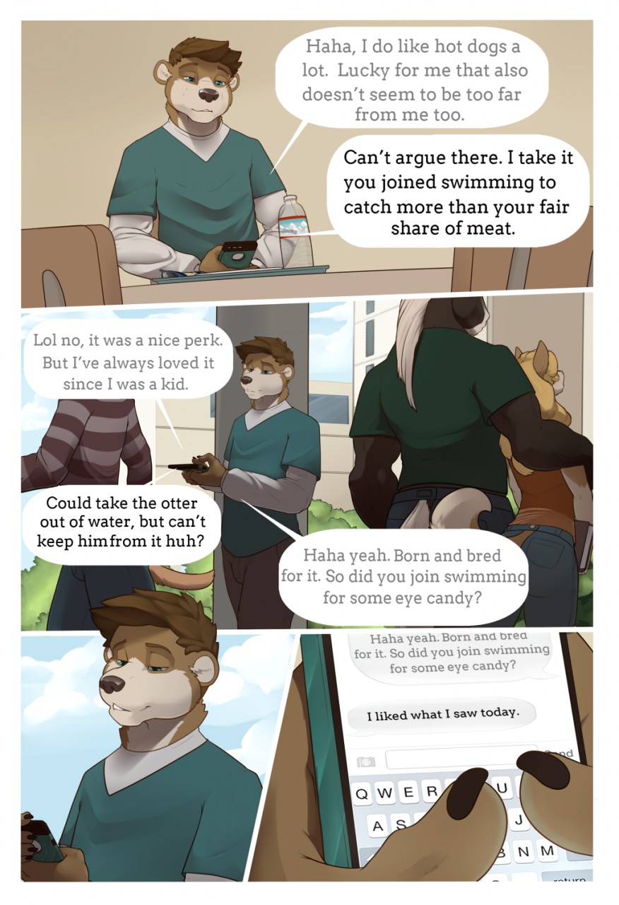 anthro brown_fur canine canteen cellphone chair clothed clothing college comic dialogue digital_media_(artwork) equine fasttrack37d fully_clothed fur hair hi_res horse male mammal mustelid otter phone rowan_(fasttrack37d) school sexting table text texting white_fur