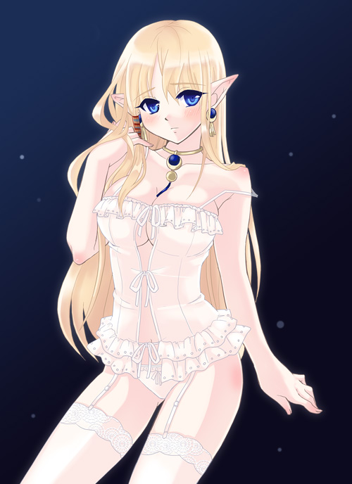 babydoll blonde_hair blue_eyes blush bow bow_panties breasts corset earrings eyebrows_visible_through_hair garter_straps hair_tubes jewelry koshikawa_guu lingerie long_hair looking_at_viewer mabinogi medium_breasts neck_ring panties portia_(mabinogi) solo strap_slip thighhighs underwear very_long_hair white_legwear white_panties