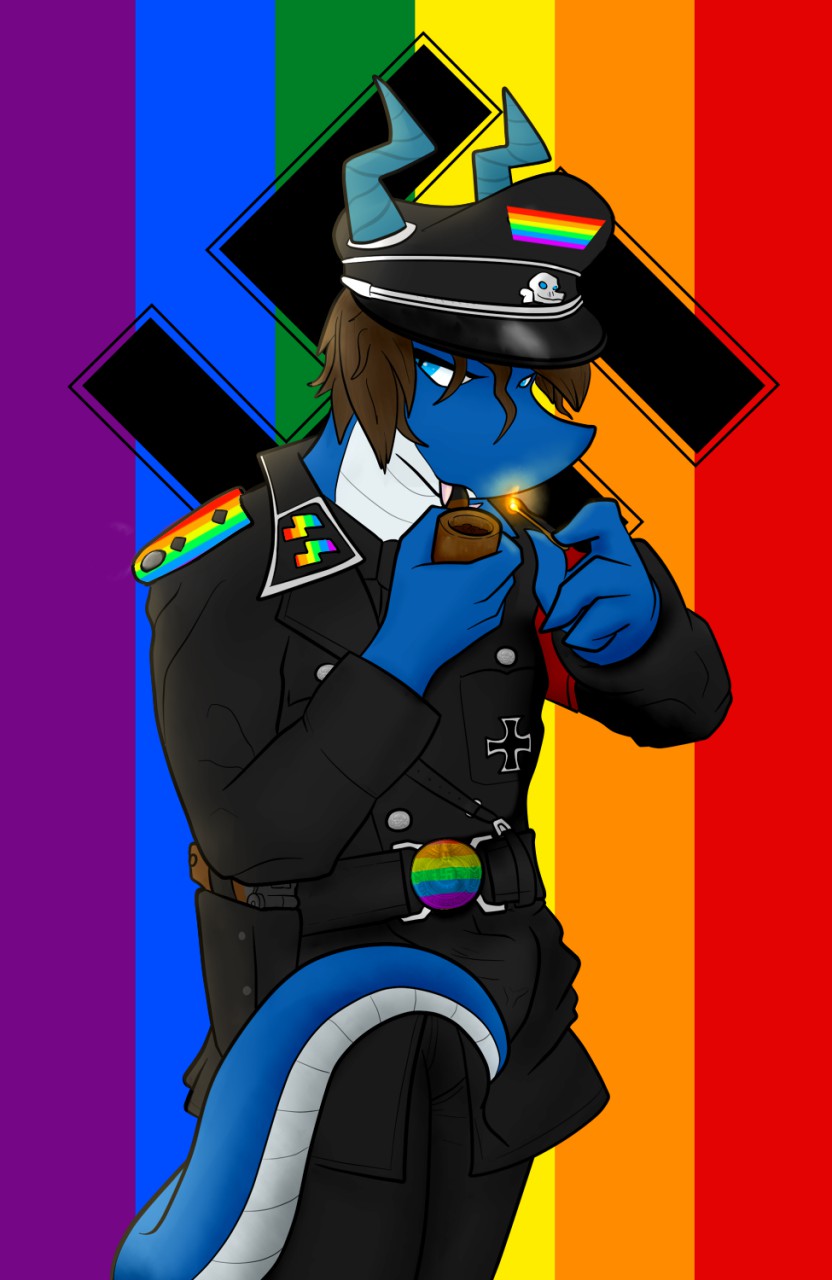 armband bulge captainzepto clothing colored dragon flag gay_pride gun handgun hat horn luger male match military navarchus_zepto nazi pipe pistol pose rainbow ranged_weapon scalie skull smoking solo swastika uniform weapon wig