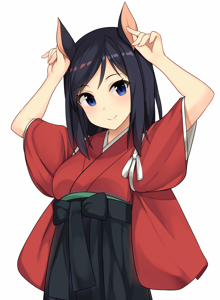 animal_ears black_hair blue_eyes breasts hiiragi_hajime japanese_clothes kimono looking_at_viewer medium_breasts shinohara_natsuki simple_background smile solo summer_wars white_background