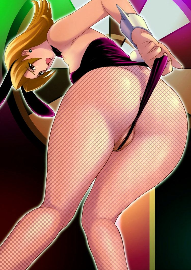 animal_ears arisawa_masaharu ass blonde_hair bow bowtie bunny_ears bunny_tail bunnysuit detached_collar earrings fake_animal_ears fishnet_pantyhose fishnets jewelry leotard leotard_pull long_hair looking_at_viewer looking_back non-web_source official_art open_mouth pantyhose partially_visible_vulva solo strapless strapless_leotard super_blackjack tail tiffany_abbott wrist_cuffs