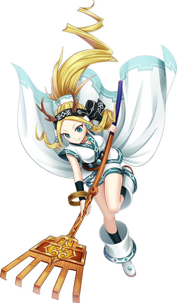 &gt;:) ainu_clothes antlers arm_warmers artist_request blonde_hair blue_eyes breasts full_body hair_ornament headband large_breasts long_hair official_art oshiro_project oshiro_project_re rake smile solo transparent_background v-shaped_eyebrows yukuepirachashi_(oshiro_project)