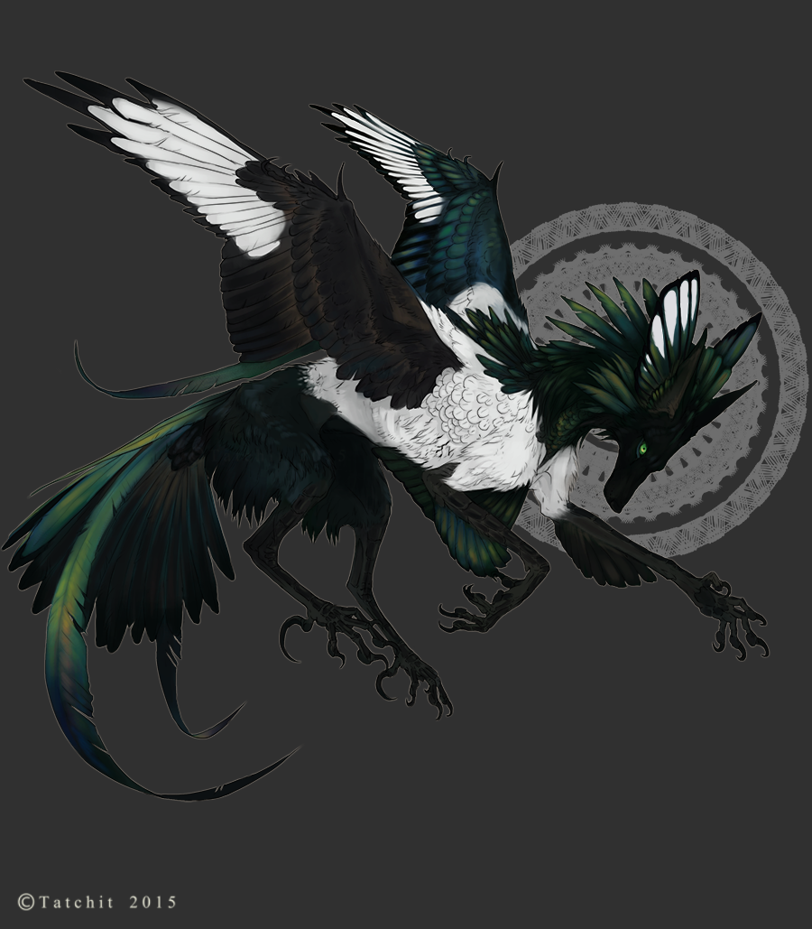 2015 black_feathers canine claws feathers feral green_eyes green_feathers grey_background hybrid mammal simple_background solo tatchit white_feathers