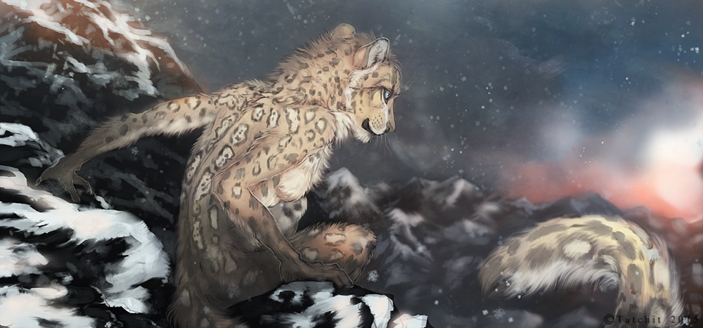2015 anthro black_lips breasts day detailed_background featureless_breasts feline female fur grey_fur leopard mammal outside snow solo spots spotted_fur tatchit