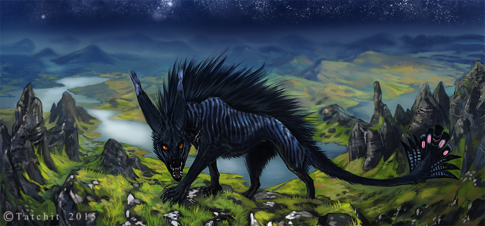 2015 ambiguous_gender black_fur black_hair claws detailed_background feral fur grass hair hybrid night open_mouth outside paws sky solo star starry_sky striped_fur stripes tatchit teeth tongue yellow_eyes