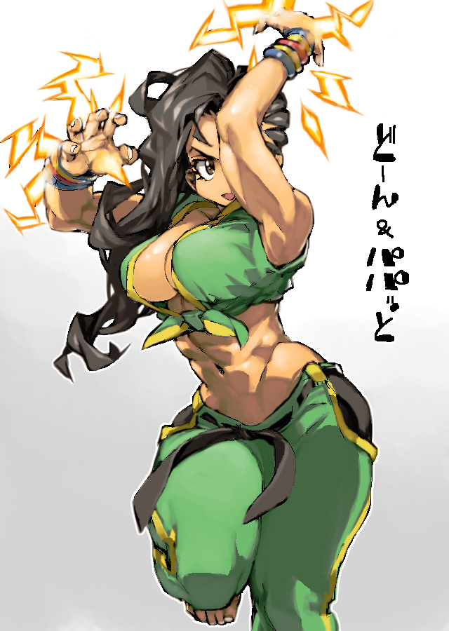 abs arms_up barefoot black_hair breasts brown_eyes dark_skin electricity gradient gradient_background grey_background hips large_breasts laura_matsuda long_hair midriff navel sketch solo street_fighter street_fighter_v thighs toes translation_request wide_hips ysk!
