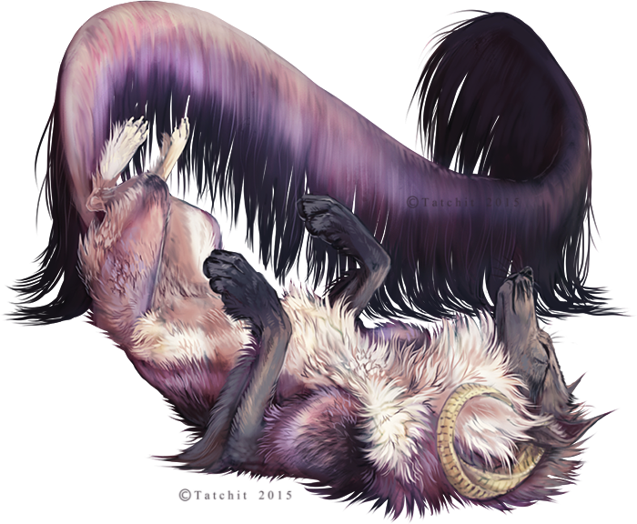2015 alpha_channel ambiguous_gender canine curved_horn feral fur horn hybrid lying mammal paws purple_fur simple_background solo tatchit transparent_background
