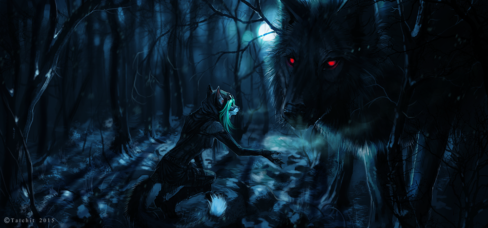 2015 ambiguous_gender black_fur black_nose canine crouching detailed_background duo forest fur mammal night outside red_eyes tatchit tree wolf