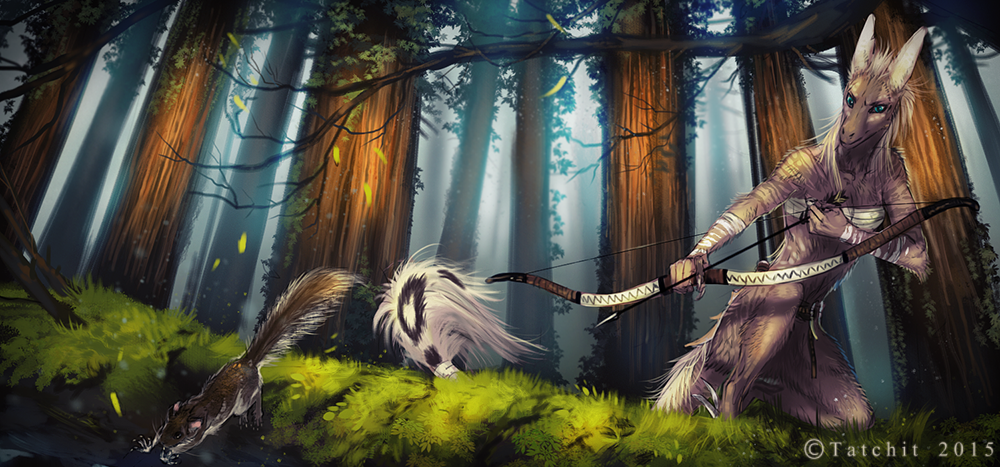 2015 ambiguous_gender anthro bow day detailed_background duo female feral forest grass holding_object holding_weapon mammal outside rodent tatchit tree weapon