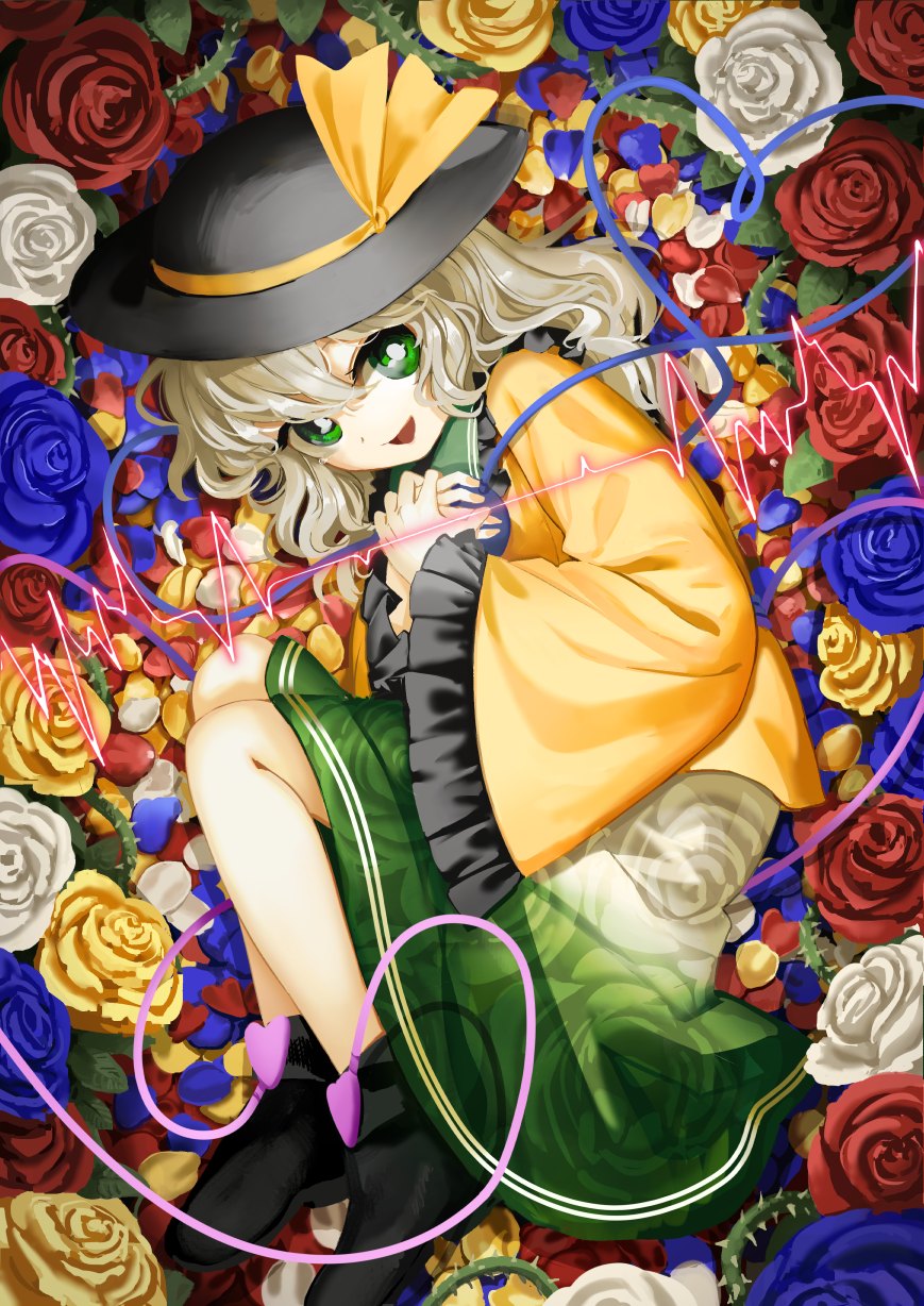 bangs black_footwear black_hat blue_flower blue_rose bow bright_pupils cardiogram commentary fetal_position floral_print flower from_side full_body green_eyes green_skirt hat hat_bow heart heart_of_string highres komeiji_koishi long_sleeves looking_at_viewer lying on_side petals red_flower red_rose rose rose_petals rose_print shirt shoes silver_hair skirt smile solo suna_(s73d) third_eye touhou white_flower white_pupils white_rose wide_sleeves yellow_bow yellow_flower yellow_rose yellow_shirt