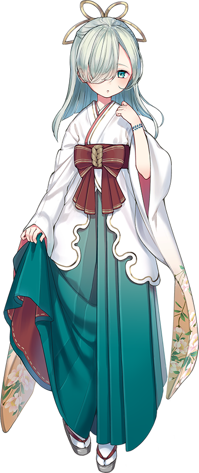 blue_eyes full_body hair_ornament hair_over_one_eye hand_on_own_chest japanese_clothes maruoka_(oshiro_project) miko official_art oshiro_project oshiro_project_re sheep_sleep silver_hair solo transparent_background