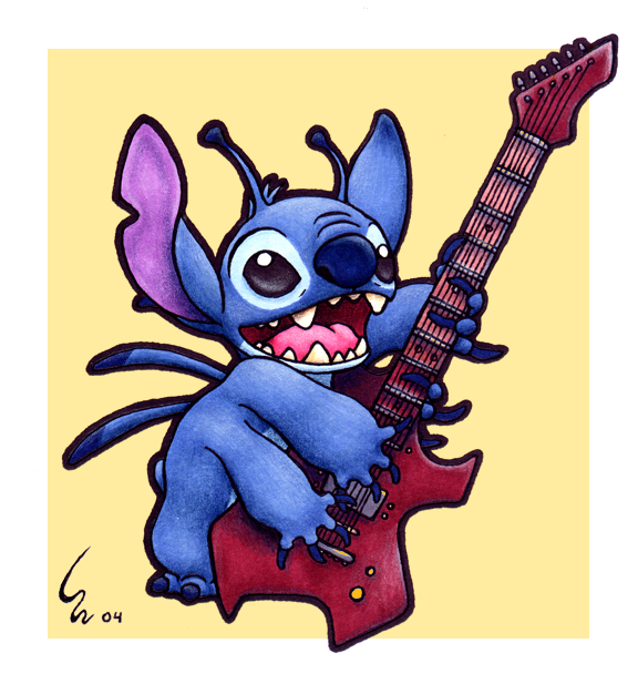 2004 4_arms 4_fingers alien antennae back_spines black_eyes blue_claws blue_fur blue_nose border claws colored_pencil_(artwork) disney electric_guitar experiment_(species) fur guitar head_tuft holding_musical_instrument lilo_and_stitch marker_(artwork) mixed_media multi_arm multi_limb musical_instrument nose_wrinkle notched_ear open_mouth open_smile playing_guitar playing_music ribera sharp_teeth simple_background small_tail smile solo stitch teeth toe_claws traditional_media_(artwork) tuft white_border yellow_background