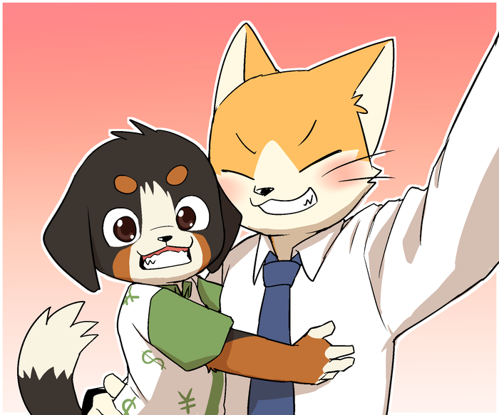 $ &yen; 2017 age_difference anthro bernese_mountain_dog blush canine cat clothed clothing cub digital_media_(artwork) dog dollar_sign duo eye_contact eyes_closed feline fully_clothed gradient_background hand_on_back happy head_tuft hug kemono looking_at_viewer male mammal manizu manmosu_marimo older_male simple_background smile yen_sign young younger_male
