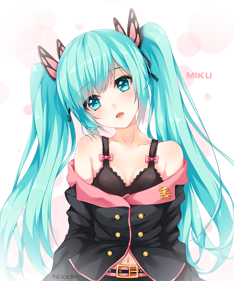 belt black_bra black_skirt blue_eyes blue_hair bra breasts character_name cleavage collarbone eyebrows_visible_through_hair hair_ornament hatsune_miku head_tilt honey_whip_(module) long_hair looking_at_viewer navel noodle-y open_mouth pink_bra pleated_skirt project_diva_(series) project_diva_f skirt small_breasts solo sweet_devil_(vocaloid) twintails underwear very_long_hair vocaloid white_background