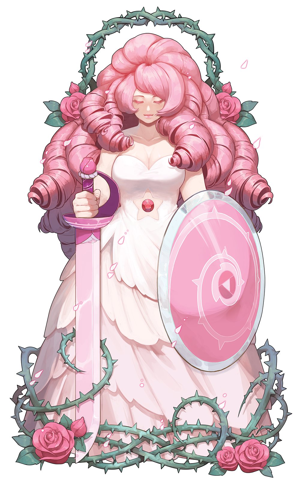bare_shoulders breasts cleavage closed_eyes collarbone dress drill_hair flower gem highres large_breasts long_hair navel_cutout oxlxlo pink_hair rose rose_quartz_universe shield simple_background smile solo star_cutout steven_universe sword thorns very_long_hair weapon white_background white_dress