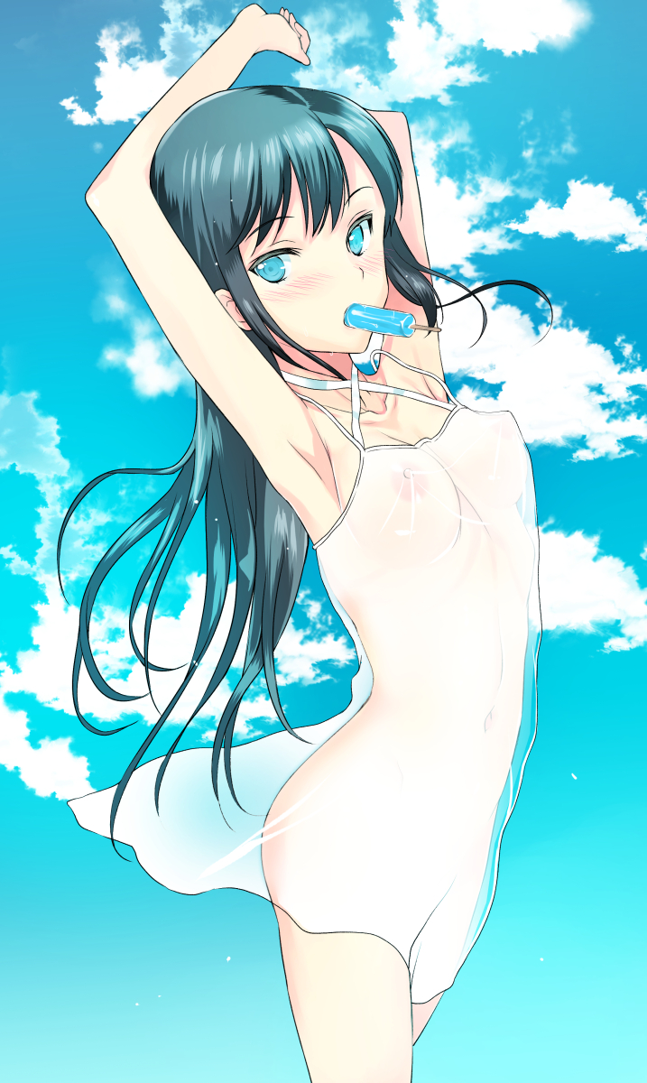 armpits arms_up blue_eyes blue_hair breasts cloud coin_rand collarbone day food food_in_mouth highres long_hair mouth_hold nipples original popsicle see-through sky small_breasts solo wind