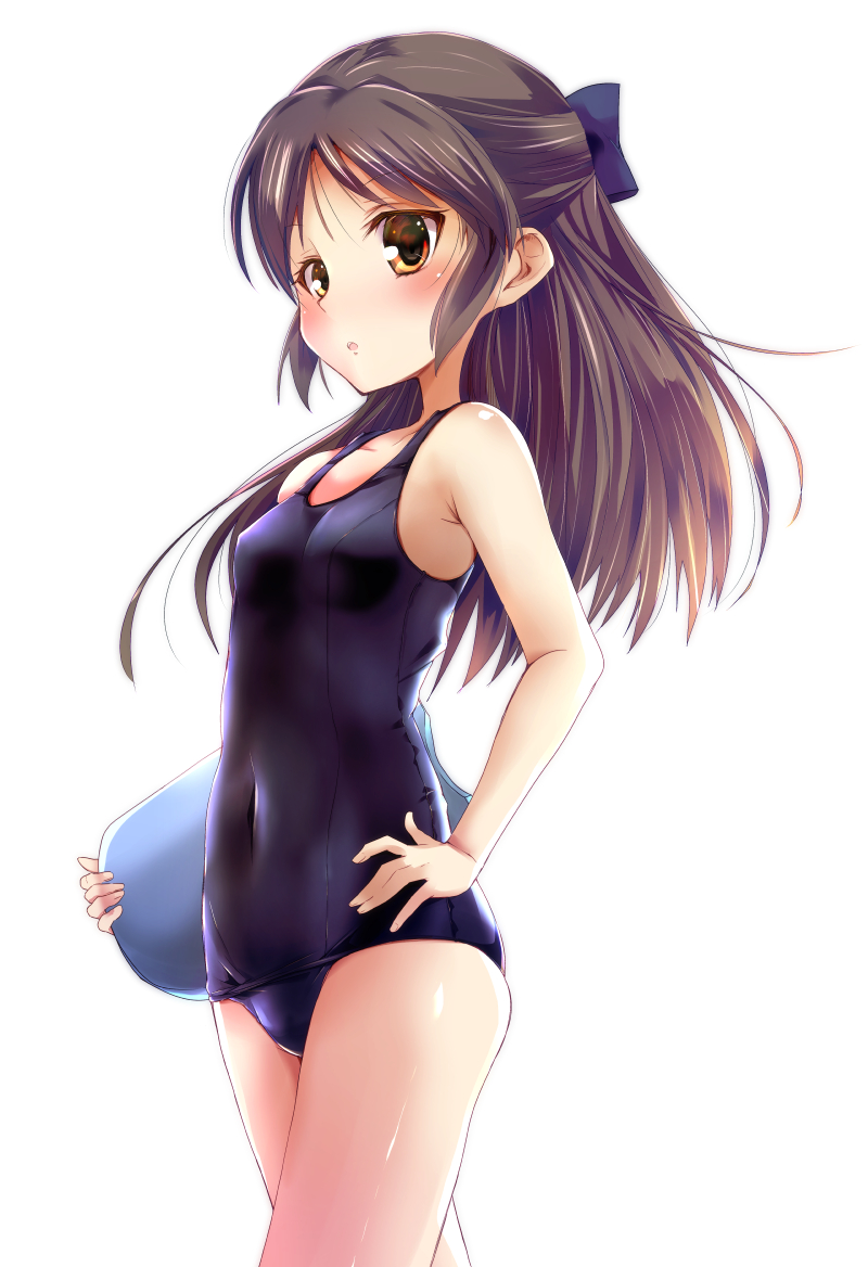 :o blue_bow blue_swimsuit blush bow breasts brown_eyes brown_hair covered_navel eyebrows_visible_through_hair hair_bow half_updo hand_on_hip holding idolmaster idolmaster_cinderella_girls kickboard long_hair looking_at_viewer looking_to_the_side one-piece_swimsuit parted_lips rikudou_inuhiko school_swimsuit simple_background small_breasts solo swimsuit tachibana_arisu white_background