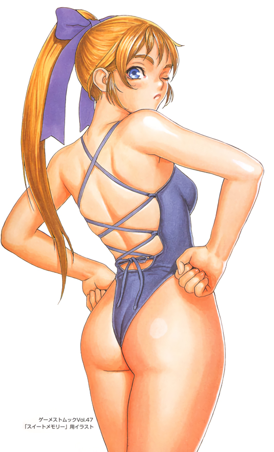 ass blonde_hair blue_swimsuit breasts clenched_hands cowboy_shot hair_ribbon hands_on_hips high_ponytail highleg junis long_hair looking_at_viewer looking_back non-web_source one-piece_swimsuit one_eye_closed ribbon sengoku_ace sengoku_ace_episode_ii simple_background small_breasts solo swimsuit tsukasa_jun white_background