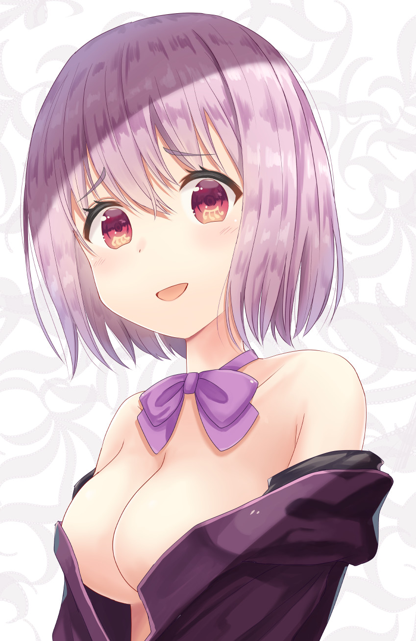 1girl :d armpit_crease bangs bare_shoulders blush bow bowtie breasts cleavage collarbone commentary_request eyebrows_visible_through_hair hair_between_eyes highres jacket looking_at_viewer medium_breasts mimikaki_(men_bow) no_bra off_shoulder open_clothes open_jacket open_mouth purple_hair purple_jacket purple_neckwear red_eyes shinjou_akane short_hair smile solo ssss.gridman tareme upper_body white_background
