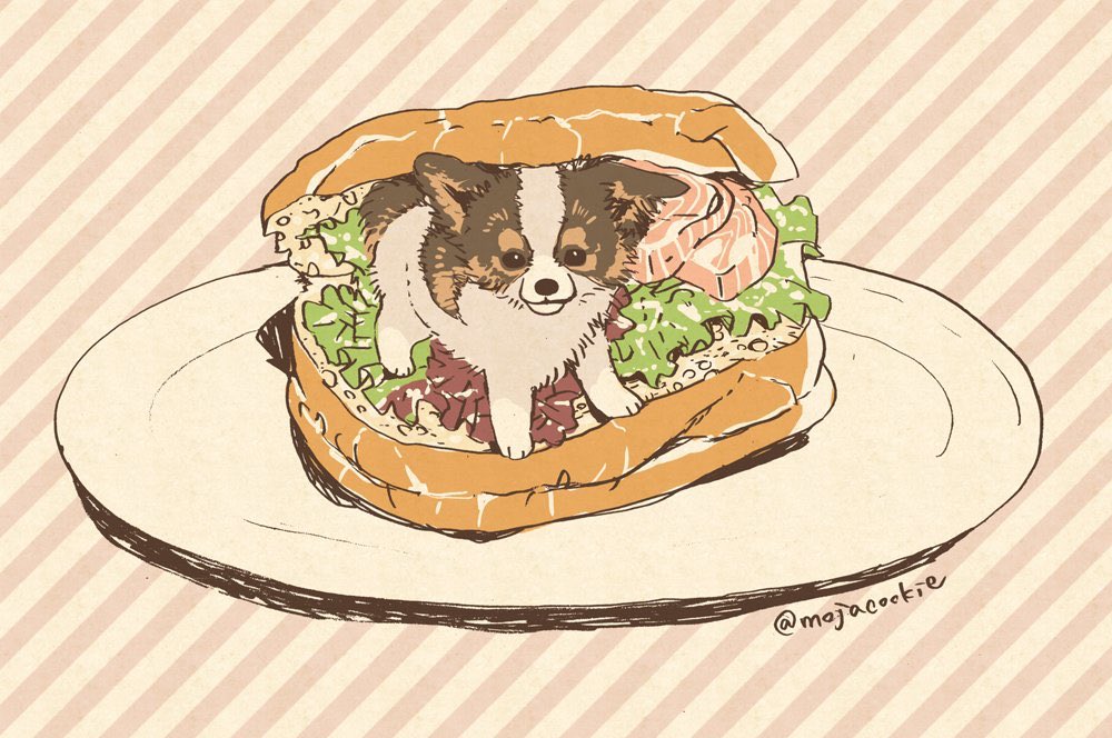 black_eyes bread dog food lettuce looking_at_viewer meat mojacookie no_humans original oversized_food plate sandwich sandwiched standing striped striped_background twitter_username vegetable