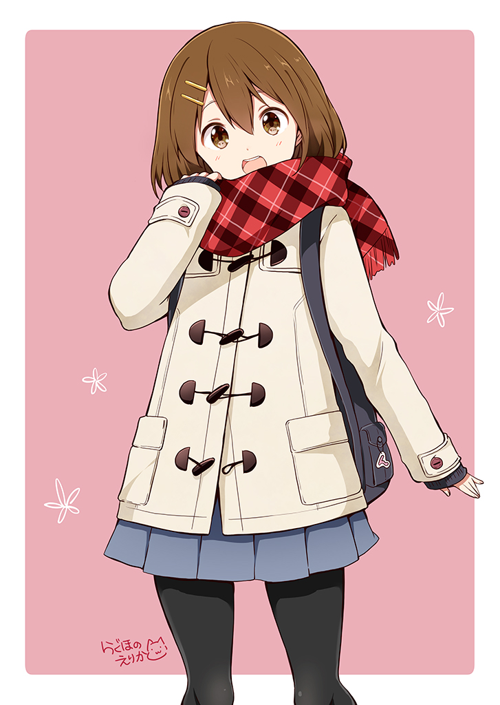 1girl :d backpack bag bangs black_legwear black_sweater blue_skirt blush brown_eyes brown_hair commentary_request duffel_coat flower hair_between_eyes hair_ornament hairclip hand_up hirasawa_yui k-on! long_sleeves looking_at_viewer miniskirt open_mouth pantyhose pink_background plaid plaid_scarf pleated_skirt ragho_no_erika red_scarf scarf short_hair signature simple_background skirt sleeves_past_wrists smile solo standing sweater tareme two-tone_background upper_teeth white_background white_coat