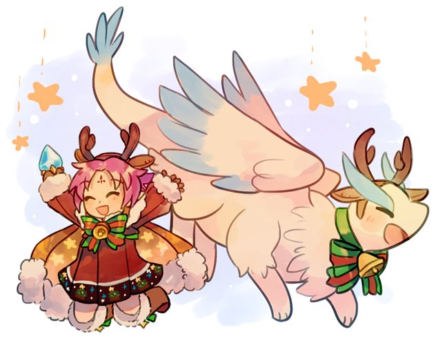 1girl antlers arms_up bell boots bow brown_gloves dragon dress eyes_closed fa facial_mark fire_emblem fire_emblem:_fuuin_no_tsurugi fire_emblem_heroes forehead_mark fur_trim gloves long_sleeves mamkute mimiblargh nintendo open_mouth purple_hair reindeer_antlers short_hair star