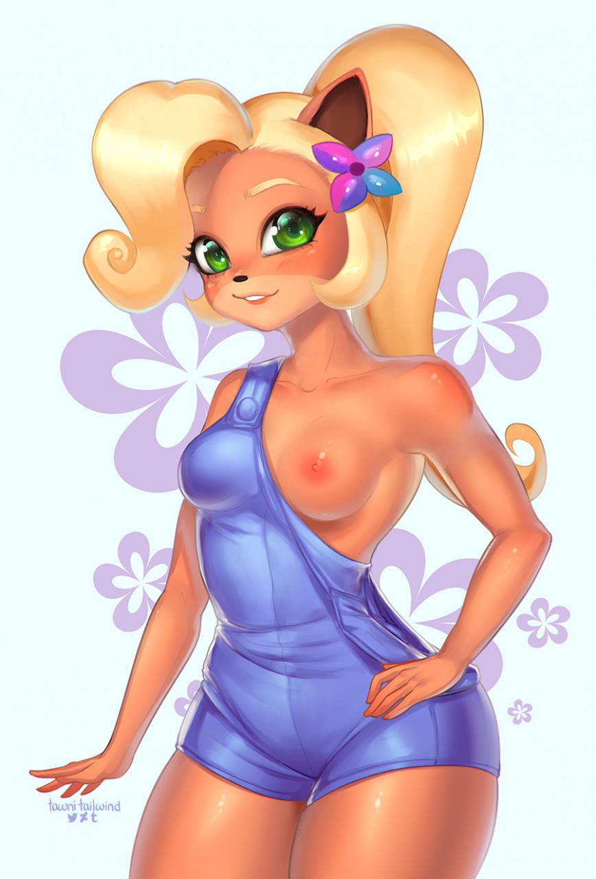 2017 animal_humanoid anthro areola bandicoot blonde_hair breasts clothed clothing coco_bandicoot crash_bandicoot_(series) digital_media_(artwork) erect_nipples exposed_breasts eyelashes female flashing flower flower_in_hair green_eyes hair humanoid long_hair looking_at_viewer mammal marsupial nipples open_mouth plant simple_background smile solo tawni_tailwind video_games