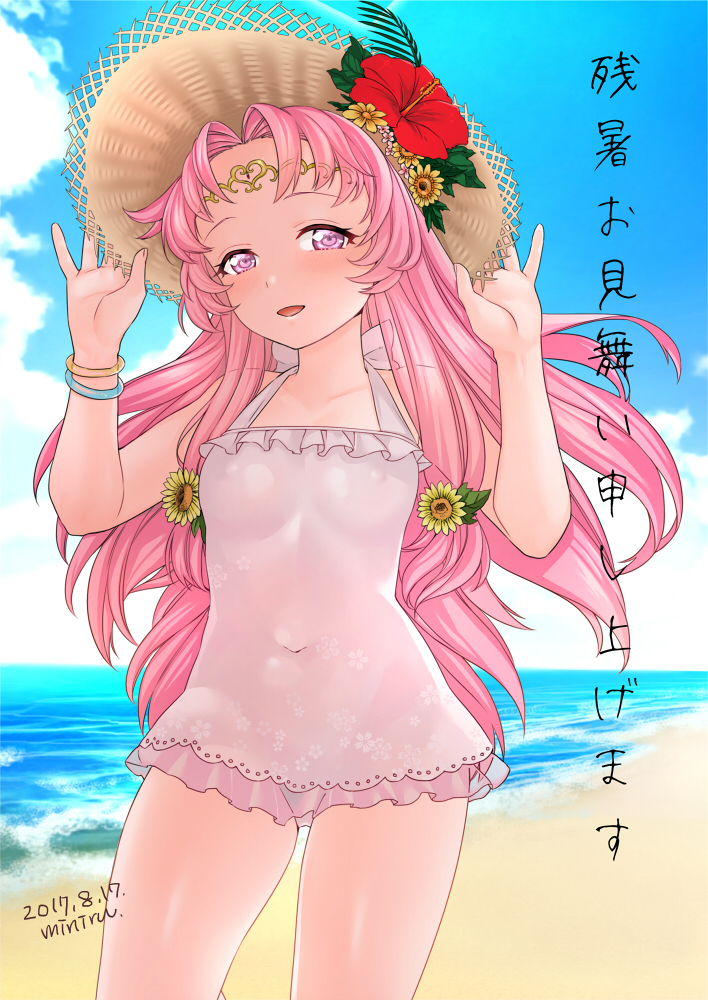 adjusting_clothes adjusting_hat alternate_costume artist_name bad_id bad_pixiv_id beach blue_sky bracelet breasts cloud covered_navel covered_nipples dated day flower hat hat_flower hibiscus iris_(sennen_sensou_aigis) jewelry long_hair looking_at_viewer miniru one-piece_swimsuit outdoors pink_hair purple_eyes sennen_sensou_aigis sky small_breasts solo standing sun_hat swimsuit