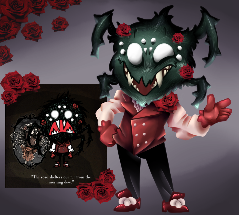 anthro arachnid arthropod button_(disambiguation) clothing don't_starve english_text flower gloves hairy happy jagged_teeth male multi_eye plant rose screencap sharp_teeth smile solo spider spikes tagme teeth text thebonezonedeluxe thorns tuxedo waving webber young
