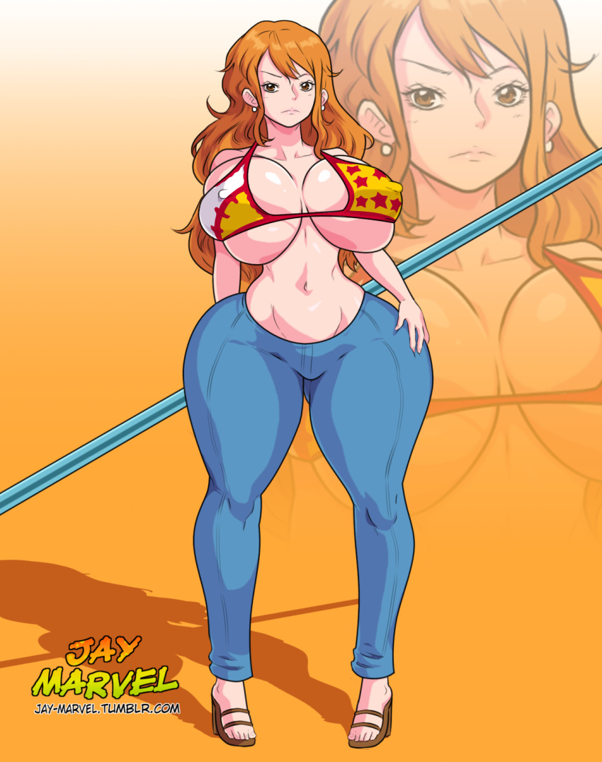 1girl ass bikini_top breasts brown_eyes cleavage earrings erect_nipples huge_breasts jay-marvel jeans long_hair looking_at_viewer nami_(one_piece) one_piece orange_hair pants solo thick_thighs thighs wide_hips