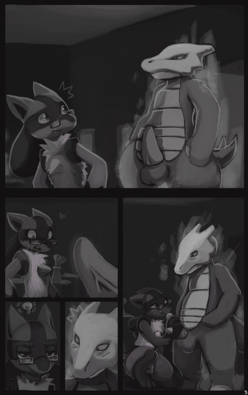 &lt;3 anthro balls blush canine chest_tuft comic cubone detailed_background duo eyewear ghost glasses half-closed_eyes handjob jigglet licking licking_lips lightbulb lucario male male/male mammal monochrome nintendo nude open_mouth penis pok&eacute;mon sex spirit tongue tongue_out tuft vein video_games wide_eyed