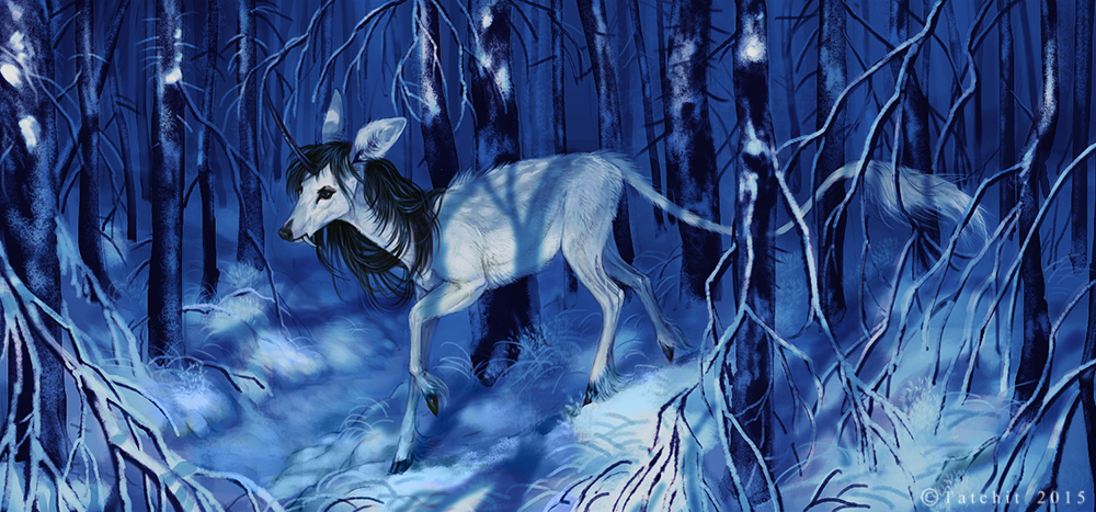 ambiguous_gender black_hair black_hooves detailed_background equine feral forest fur hair horn mammal outside snow solo tatchit tree unicorn white_fur