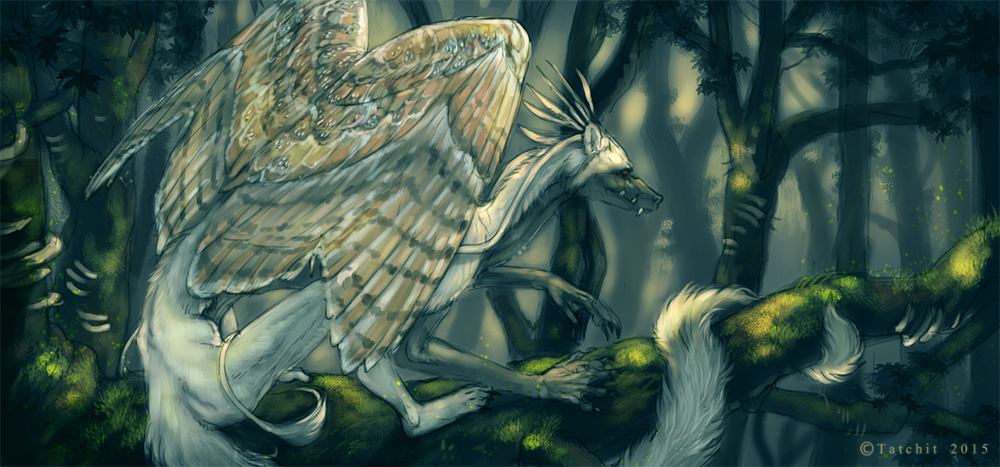 ambiguous_gender day detailed_background dragon feathered_dragon feathered_wings feathers feral forest sitting solo tatchit tree wings